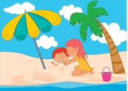 two children playing in the sand at the beach clipart