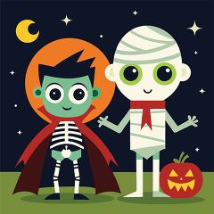 two cute characters a vampire and a mummy standing under a moon