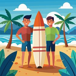 Two friends with surfboard on beach clipart for summer and vacat