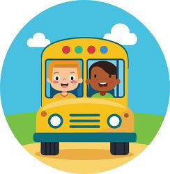 two happy children in the front seats school bus