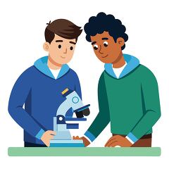 Two high school students working with a microscope