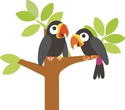 two parrots with yellow beaks sitting on a tree branch