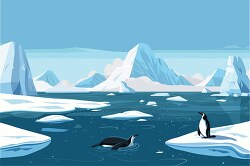 two penguins in arctic polar region shows large ice covered land