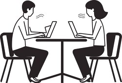 Two people sit at table to discuss work minimal line illustratio