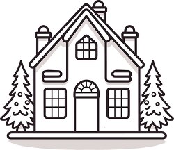 two story christmas house with trees black outline printable col