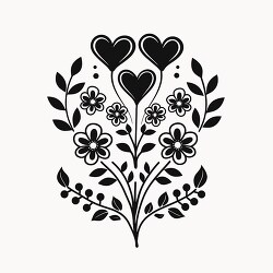 tylized heart and flower arrangement in a symmetrical black silh