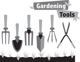 types of gardening tools shovels hoes pruning shears  gray color