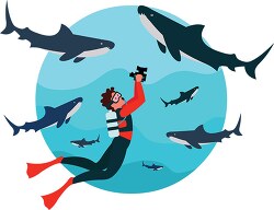 underwater photographer surrounded by shark clipart