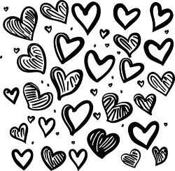 various black and white hearts in different sizes and patterns
