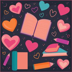 various school supplies and hearts a dark background