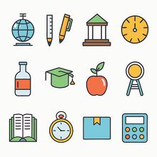 Various school themed icons including a pencil