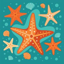 various starfish with small shells on a blue background