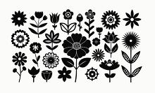 Vector icons of flowers in various black silhouette designs