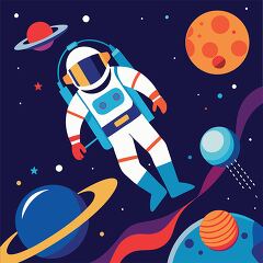 vector illustration of an astronaut during a spacewalk surrounde