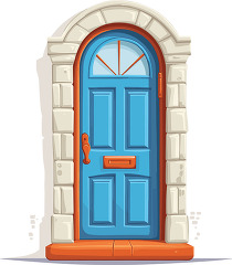 vibrant blue door with a semicircular window pane and orange doo