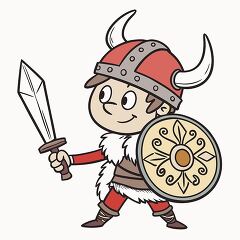 Viking warrior holds a sword and a shield wears a horned helmet