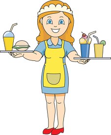 waitress holding serving trays with food and drinks