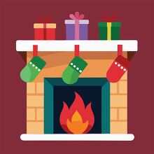 warm holiday scene with a fireplace stockings and wrapped gifts