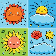 Weather Icons Set hand drawn with smiley face sun and clouds cli