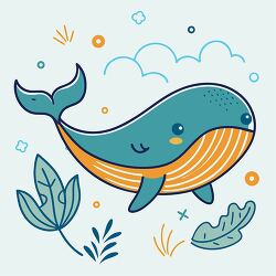 whale illustration shows a cheerful whale with leafy accents and