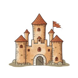 whimsical castle with pointed towers and a red flag