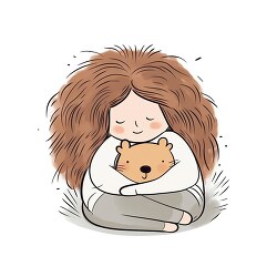 Whimsical illustration of a girl cuddling a teddy bear