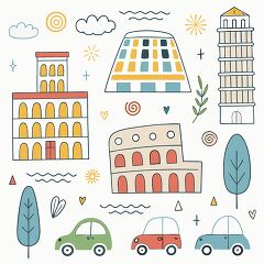 A whimsical illustration featuring famous landmarks like the Colosseum and the Leaning Tower of Pisa, along with colorful cars, clouds, and decorative elements.