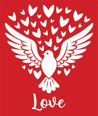 white dove in flight surrounded by hearts of love on a red backg