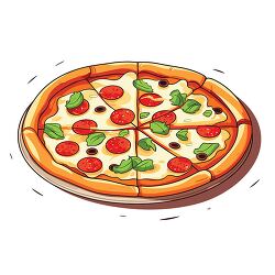 whole fresh pizza with pepperoni and basil cut into six slices c