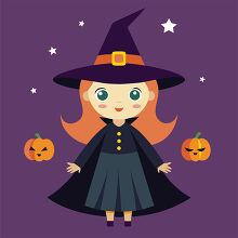 witch in a black cape and hat surrounded by pumpkins