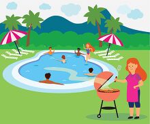 woman barbecues in backyard while people enjoy the swimming pool