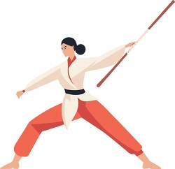 woman engaged in wushu or kung fu with stick
