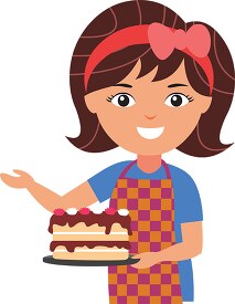 woman wearing an apron and red bow holds a cake clip art