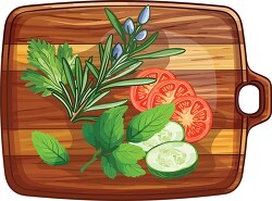 wooden food cutting board with herbs and vegetables clip art