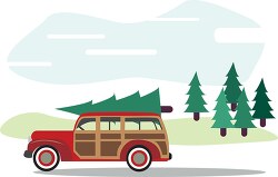 woodie wagon automobile with christmas tree on roof clipart