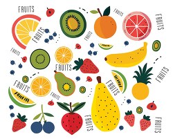 word fruits surrounded by different coloful healthy fruits