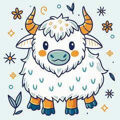 yak illustration shows a fluffy yak with curved horns