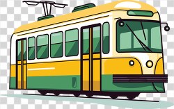 yellow and green tram moves through the city in a stylized form