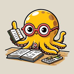 yellow octopus with red round framed glasses is engaged in schoo