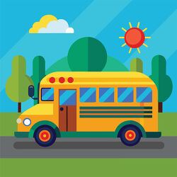 yellow school bus clipart with a sunny sky trees and clouds clip