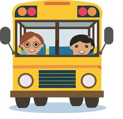 yellow school bus with two children smiling