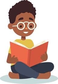 young african american boy wears glasses reads a book