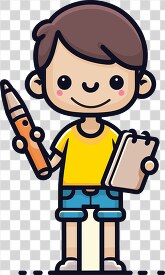 young boy cartoon character holds notebook with pencil