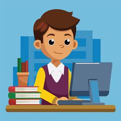 A cheerful young boy types on a computer in a bright room. He is surrounded by books and a potted plant, showcasing a dedicated study environment full of inspiration.