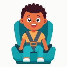 young boy happily sitting in a car seat wearing a seatbelt