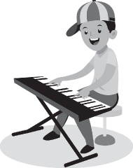 young boy musician playing musical instrument keyboard gray colo