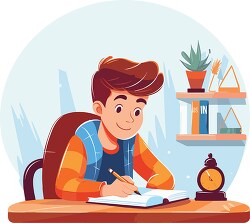 young boy smiling while doing his homework at his desk clip art