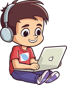 young boy wearing headphones sits on the floor with computer in 