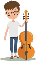 young boy with glasses standing beside a cello