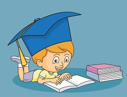 young child wearing graduation cap while reading books clipart